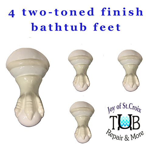 four clawfoot bathtub feet refinished in two-tones by Joy of St Croix - Tub Repair and More